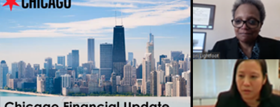 Image of Chicago's skyline, Mayor Lori Lightfoot, and Chief Financial Officer Jennie Huang Bennett